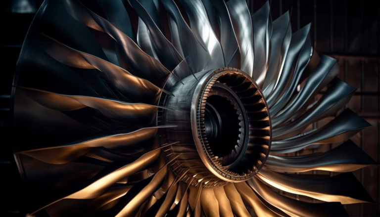 Shiny metallic propeller turning in abstract motion generated by artificial intelligence